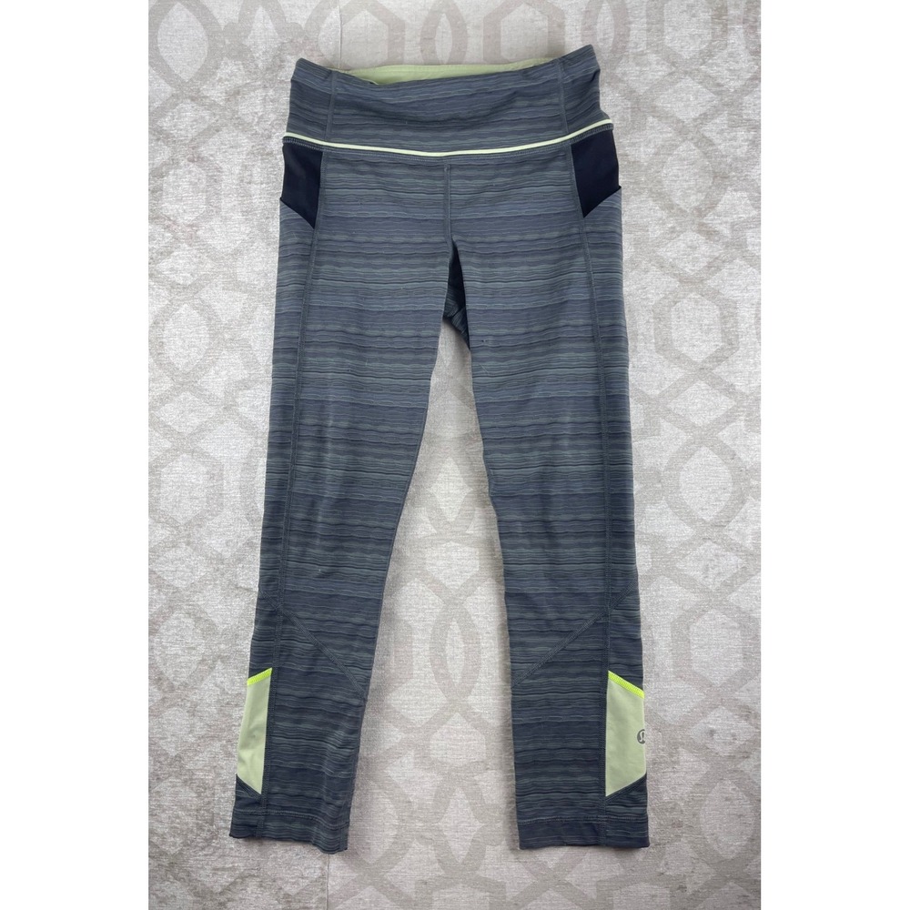 Lululemon Run Speed Crop Women 4 Gray Lime Green Striped Pockets Leggings 21"